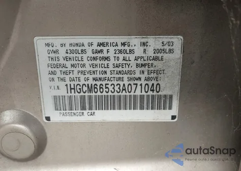 2003 Honda Accord 3.0 Ex from USA, damaged, VIN 1HGCM66533A071040